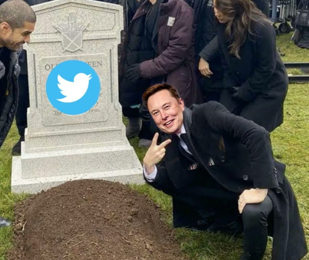 Montagem de Elon Musk ao lado de túmulo do Twitter