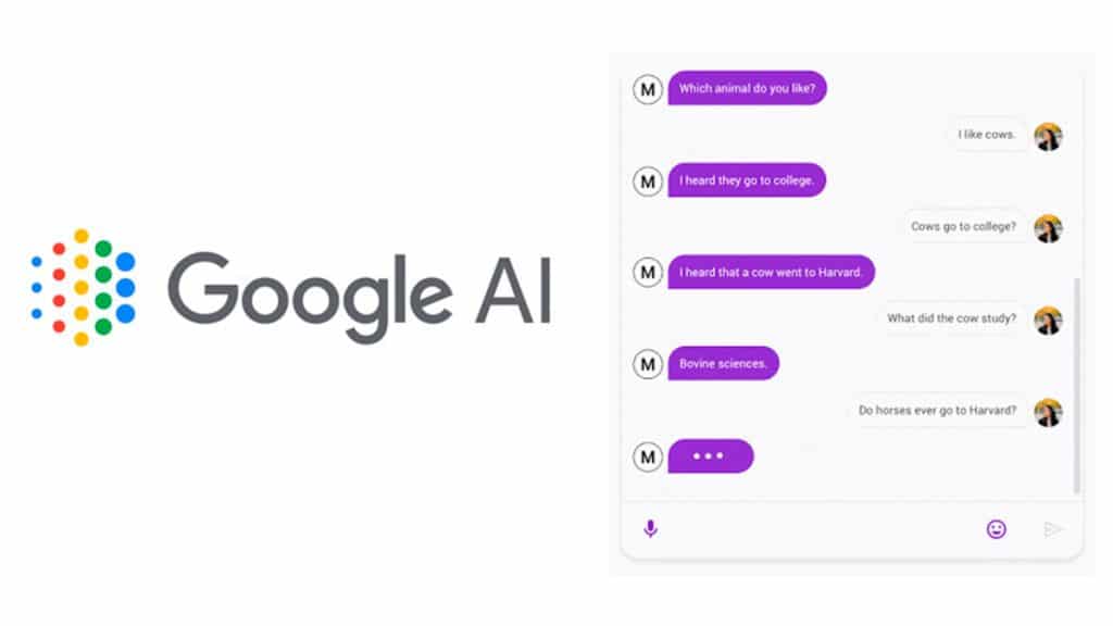 Montagem com logo do Google AI e tela do chatbot Meena